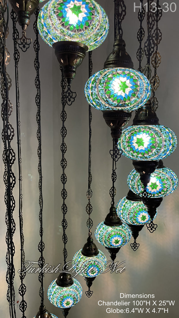 13 (L) BALL TURKISH WATER DROP MOSAIC CHANDELIER WİTH LARGE GLOBES H13-30