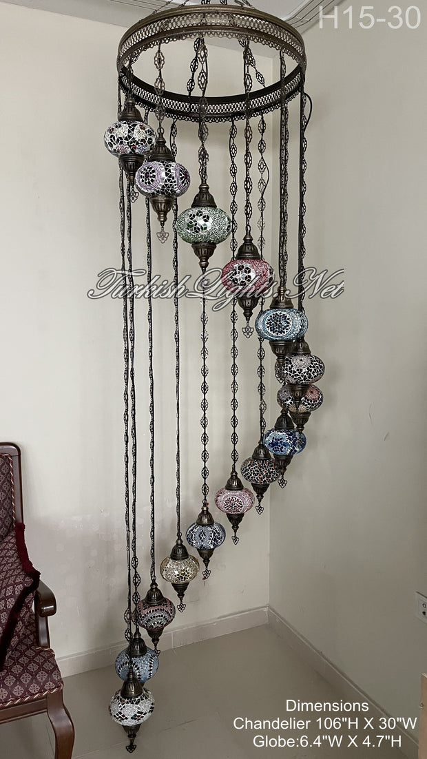 15-BALL TURKISH WATER DROP MOSAIC CHANDELIER WİTH LARGE GLOBES H15-30