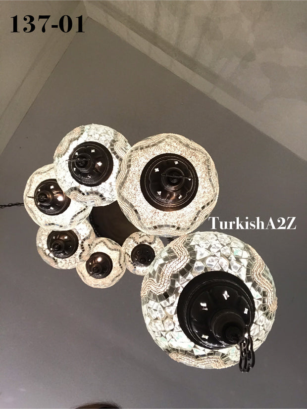 Turkish Mosaic Chandelier with 7 Large- BALL (Swag cable option),ID: 137 - TurkishLights.NET