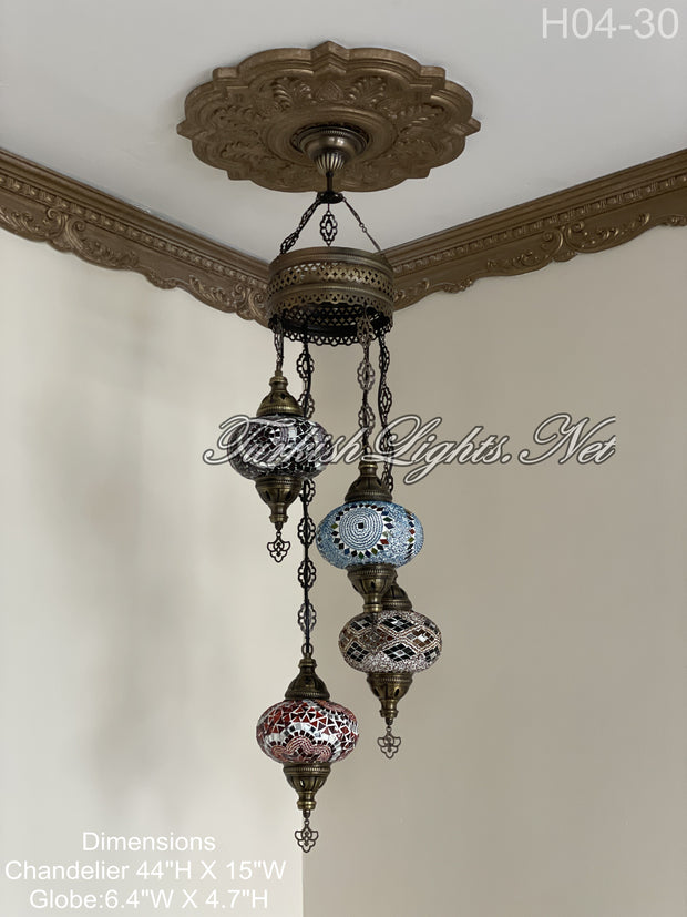 4 (L) BALL TURKISH WATER DROP MOSAIC CHANDELIER WİTH LARGE GLOBES H04-30