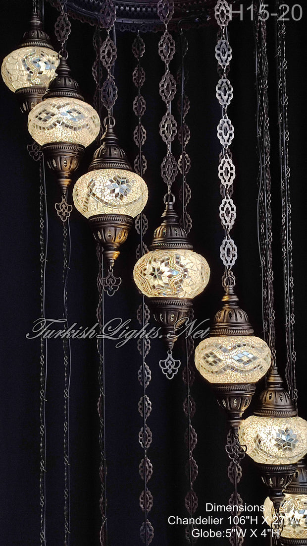 15-BALL TURKISH WATER DROP MOSAIC CHANDELIER MEDIUM GLOBES H15-20