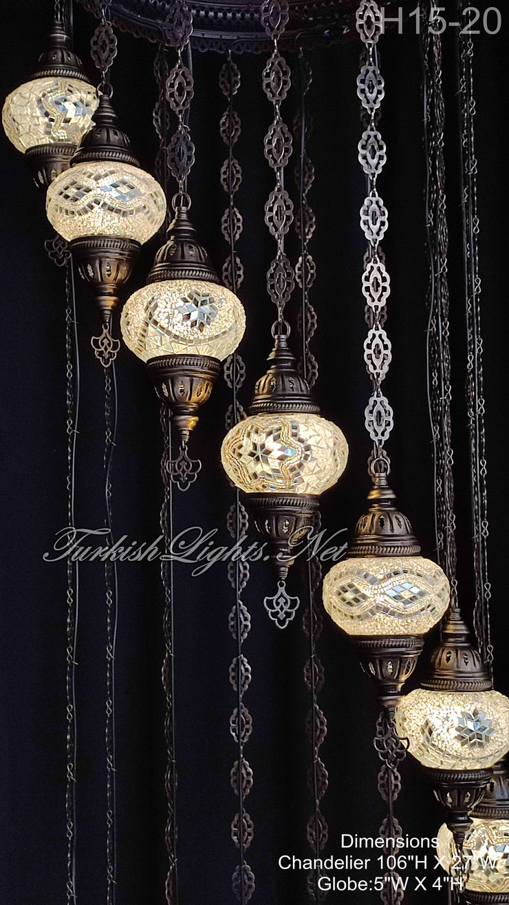 15-BALL TURKISH WATER DROP MOSAIC CHANDELIER MEDIUM GLOBES H15-20