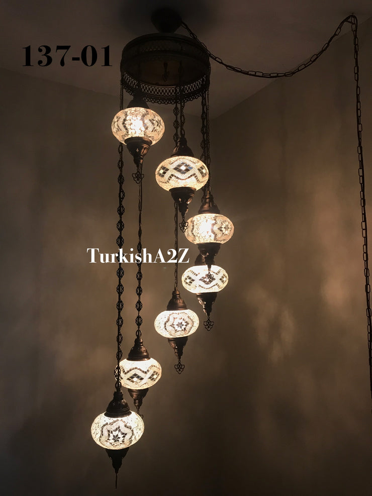 Turkish Mosaic Chandelier with 7 Large- BALL (Swag cable option),ID: 137 - TurkishLights.NET