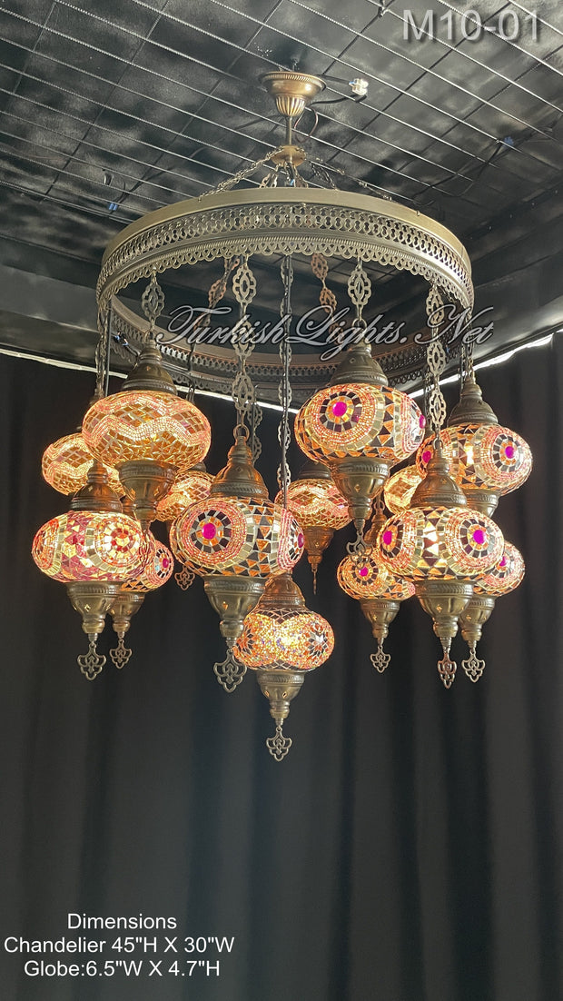 15-BALL TURKISH SULTAN MOSAIC CHANDELIER, LARGE GLOBES PURPLE ID: M10-01