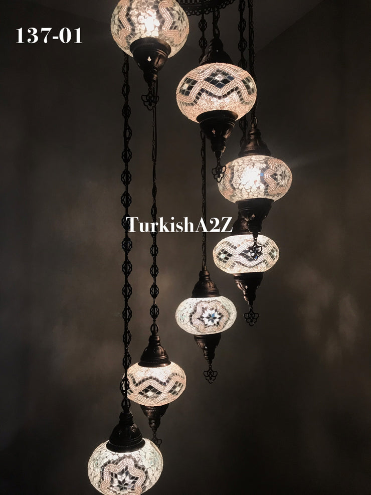 Turkish Mosaic Chandelier with 7 Large- BALL (Swag cable option),ID: 137 - TurkishLights.NET