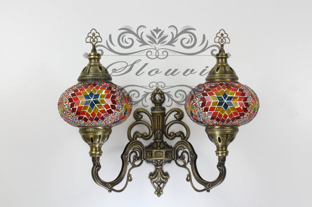 Turkish Mosaic Double Wall Sconce, With Large Globes, Upward - TurkishLights.NET