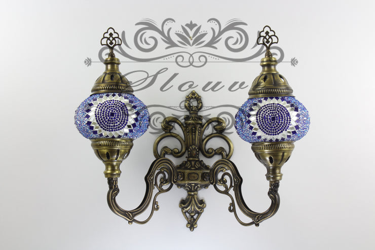 Turkish Mosaic Double Wall Sconce, With Medium Globes, Upward - TurkishLights.NET