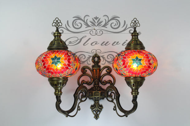 Turkish Mosaic Double Wall Sconce, With Large Globes, Upward - TurkishLights.NET