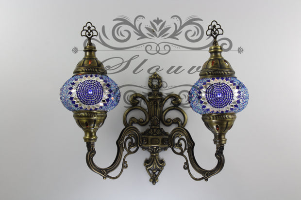 Turkish Mosaic Double Wall Sconce, With Medium Globes, Upward - TurkishLights.NET