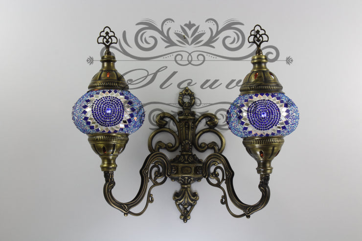 Turkish Mosaic Double Wall Sconce, With Medium Globes, Upward - TurkishLights.NET