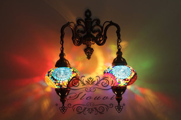 Turkish Mosaic Double Wall Sconce, With Large Globes - TurkishLights.NET