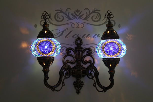 Turkish Mosaic Double Wall Sconce, With Medium Globes, Upward - TurkishLights.NET