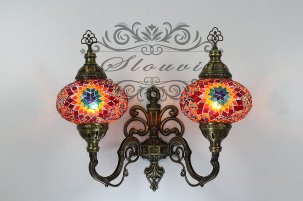 Turkish Mosaic Double Wall Sconce, With Large Globes, Upward - TurkishLights.NET