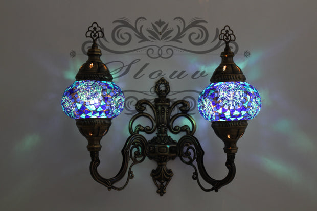 Turkish Mosaic Double Wall Sconce, With Medium Globes, Upward - TurkishLights.NET