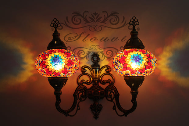 Turkish Mosaic Double Wall Sconce, With Large Globes, Upward - TurkishLights.NET