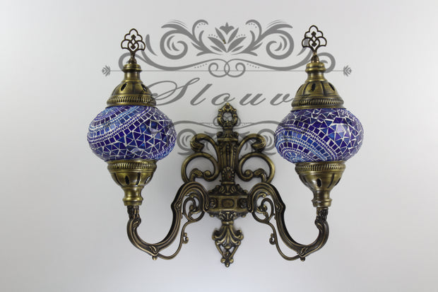 Turkish Mosaic Double Wall Sconce, With Medium Globes, Upward - TurkishLights.NET