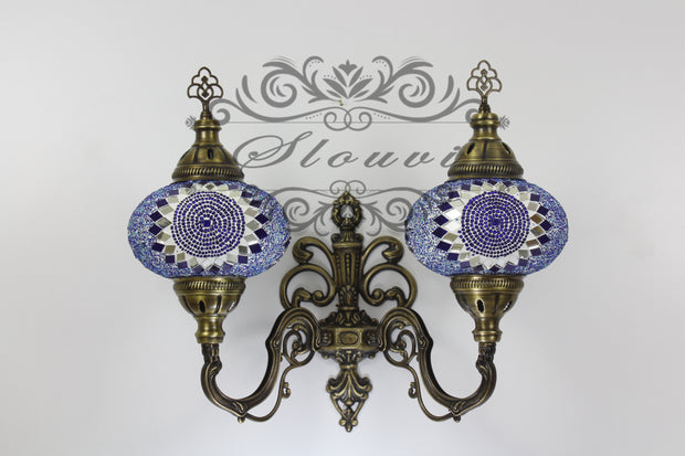 Turkish Mosaic Double Wall Sconce, With Large Globes, Upward - TurkishLights.NET