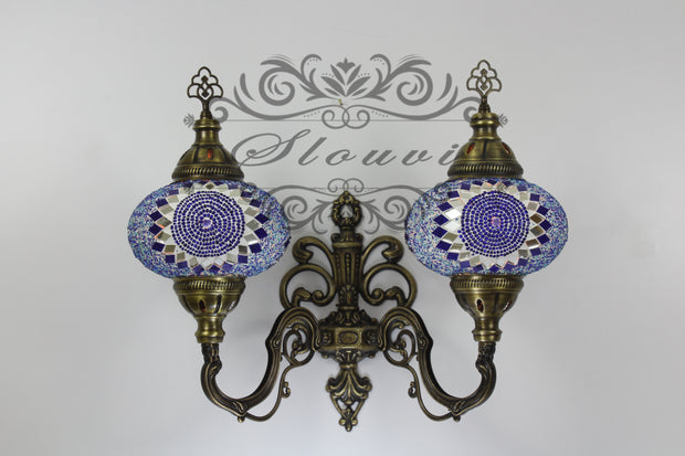 Turkish Mosaic Double Wall Sconce, With Large Globes, Upward - TurkishLights.NET