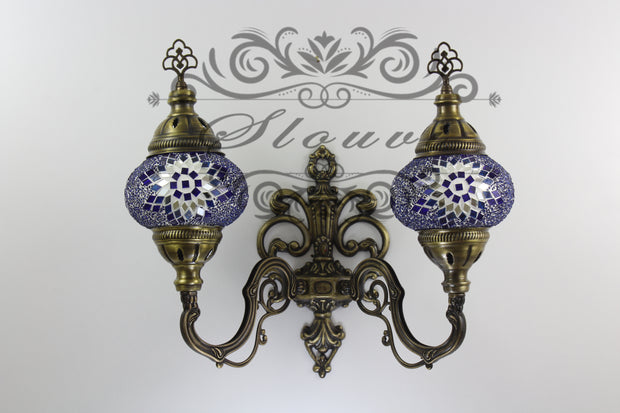 Turkish Mosaic Double Wall Sconce, With Medium Globes, Upward - TurkishLights.NET