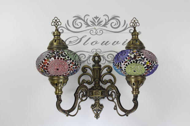 Turkish Mosaic Double Wall Sconce, With Large Globes, Upward - TurkishLights.NET