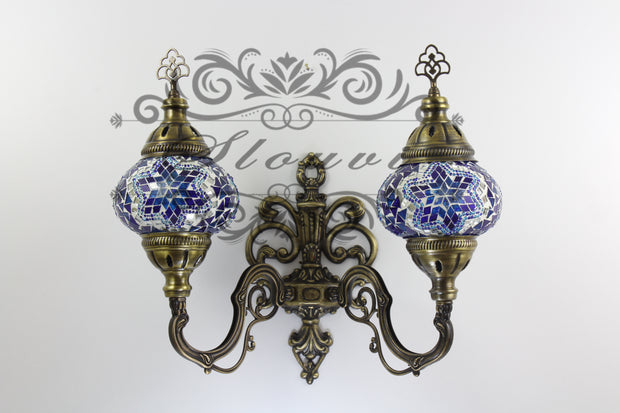 Turkish Mosaic Double Wall Sconce, With Medium Globes, Upward - TurkishLights.NET