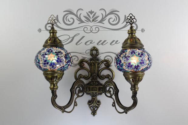 Turkish Mosaic Double Wall Sconce, With Medium Globes, Upward - TurkishLights.NET