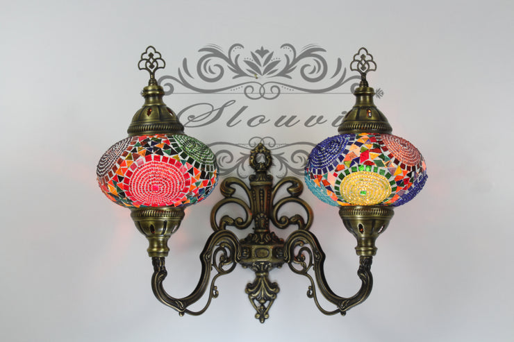 Turkish Mosaic Double Wall Sconce, With Large Globes, Upward - TurkishLights.NET