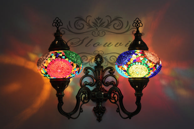 Turkish Mosaic Double Wall Sconce, With Large Globes, Upward - TurkishLights.NET