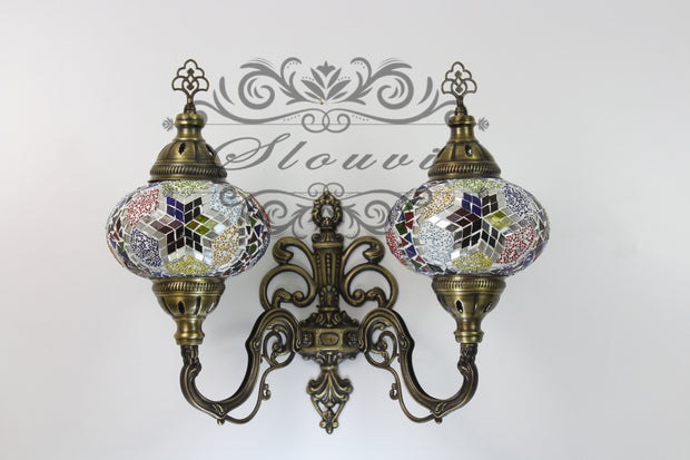 Turkish Mosaic Double Wall Sconce, With Large Globes, Upward - TurkishLights.NET