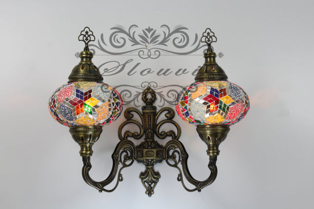 Turkish Mosaic Double Wall Sconce, With Large Globes, Upward - TurkishLights.NET