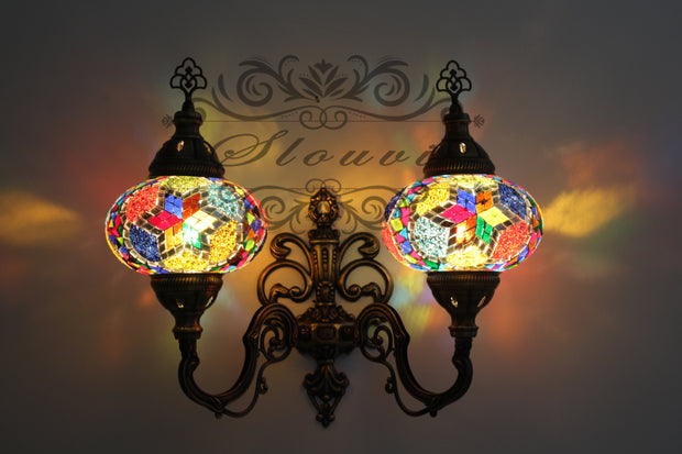 Turkish Mosaic Double Wall Sconce, With Large Globes, Upward - TurkishLights.NET