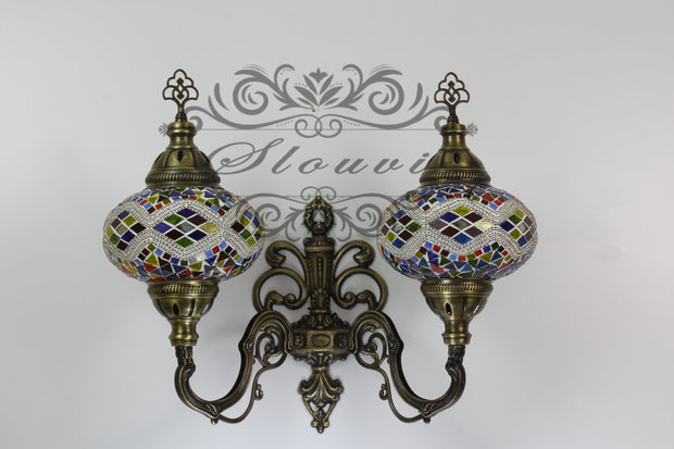 Turkish Mosaic Double Wall Sconce, With Large Globes, Upward - TurkishLights.NET