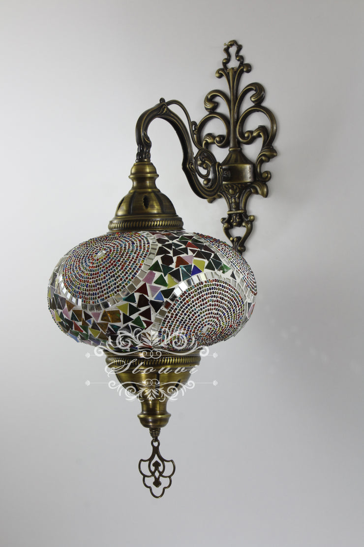 Turkish Mosaic Wall Sconce Lamp - 24" Moroccan Metal Lantern With Hollow Carving, Brass Finish, E27 Bulb (Bulb Not Included)