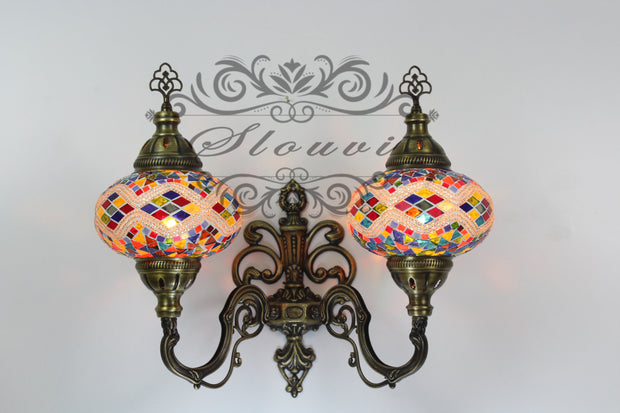 Turkish Mosaic Double Wall Sconce, With Large Globes, Upward - TurkishLights.NET