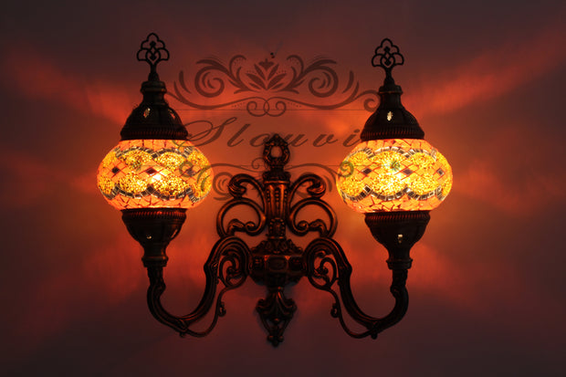 Turkish Mosaic Double Wall Sconce, With Medium Globes, Upward - TurkishLights.NET