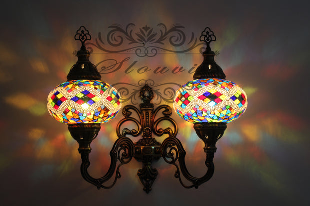 Turkish Mosaic Double Wall Sconce, With Large Globes, Upward - TurkishLights.NET