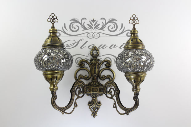 Turkish Mosaic Double Wall Sconce, With Medium Globes, Upward - TurkishLights.NET