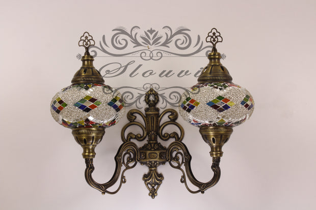 Turkish Mosaic Double Wall Sconce, With Large Globes, Upward - TurkishLights.NET