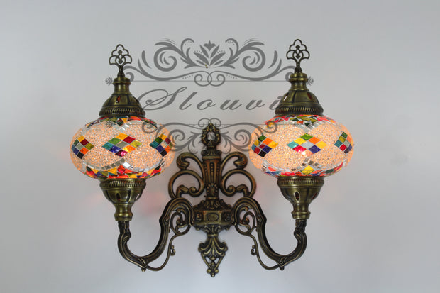 Turkish Mosaic Double Wall Sconce, With Large Globes, Upward - TurkishLights.NET