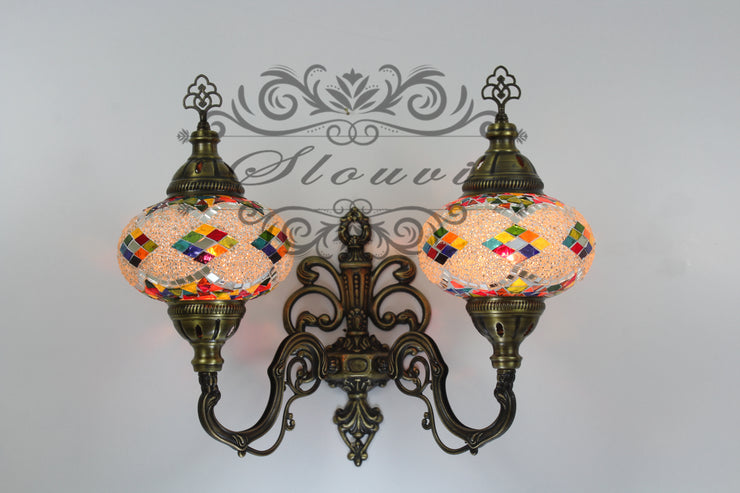 Turkish Mosaic Double Wall Sconce, With Large Globes, Upward - TurkishLights.NET