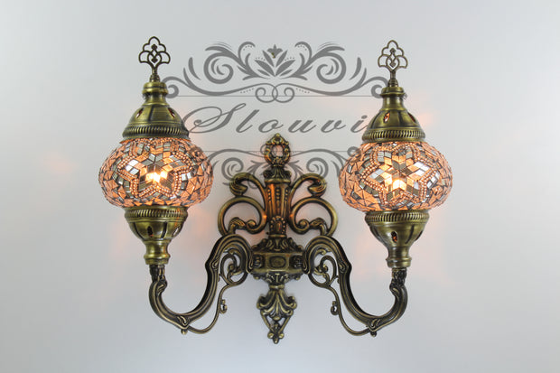 Turkish Mosaic Double Wall Sconce, With Medium Globes, Upward - TurkishLights.NET