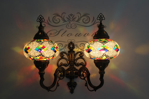 Turkish Mosaic Double Wall Sconce, With Large Globes, Upward - TurkishLights.NET