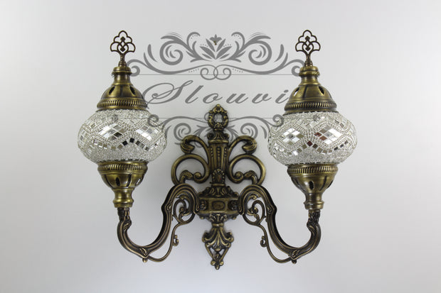 Turkish Mosaic Double Wall Sconce, With Medium Globes, Upward - TurkishLights.NET