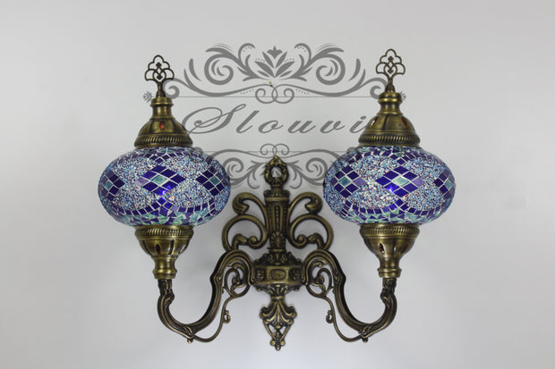 Turkish Mosaic Double Wall Sconce, With Large Globes, Upward - TurkishLights.NET