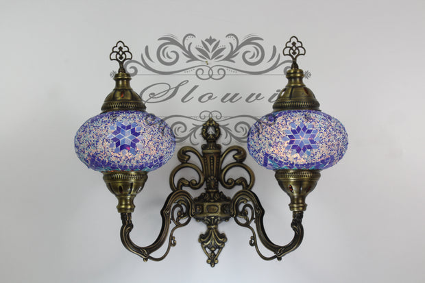 Turkish Mosaic Double Wall Sconce, With Large Globes, Upward - TurkishLights.NET