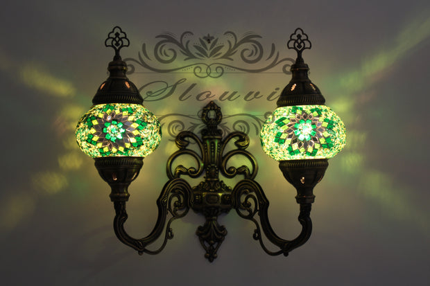 Turkish Mosaic Double Wall Sconce, With Medium Globes, Upward - TurkishLights.NET