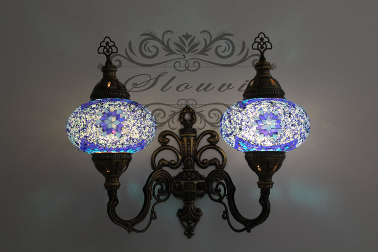 Turkish Mosaic Double Wall Sconce, With Large Globes, Upward - TurkishLights.NET