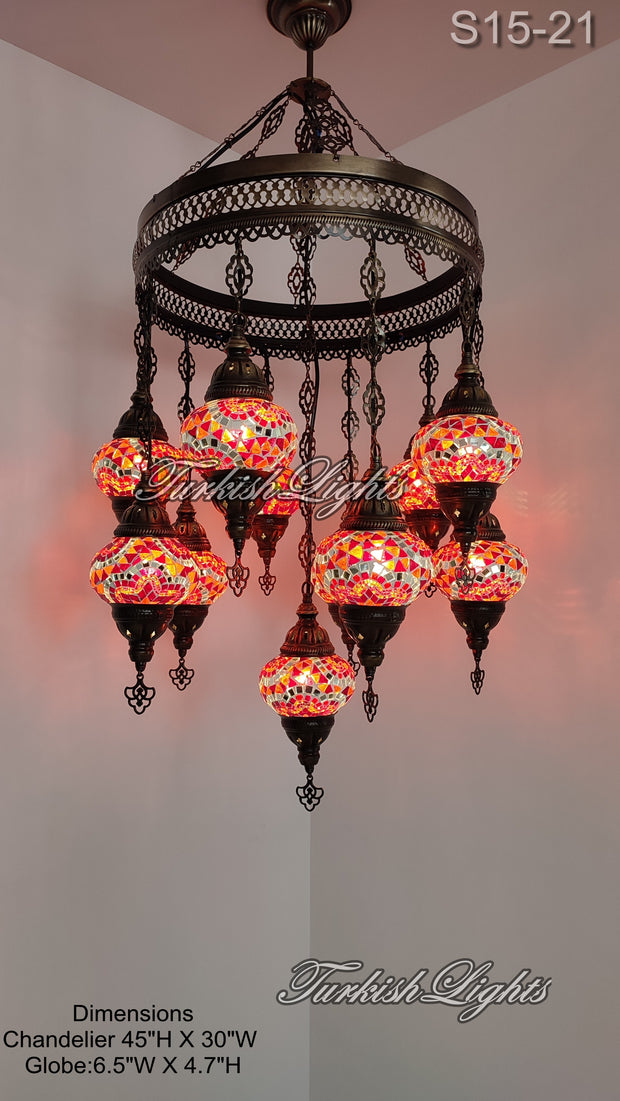 15-BALL TURKISH SULTAN MOSAIC CHANDELIER, MEDİUM GLOBES 15 TO CHOOSE