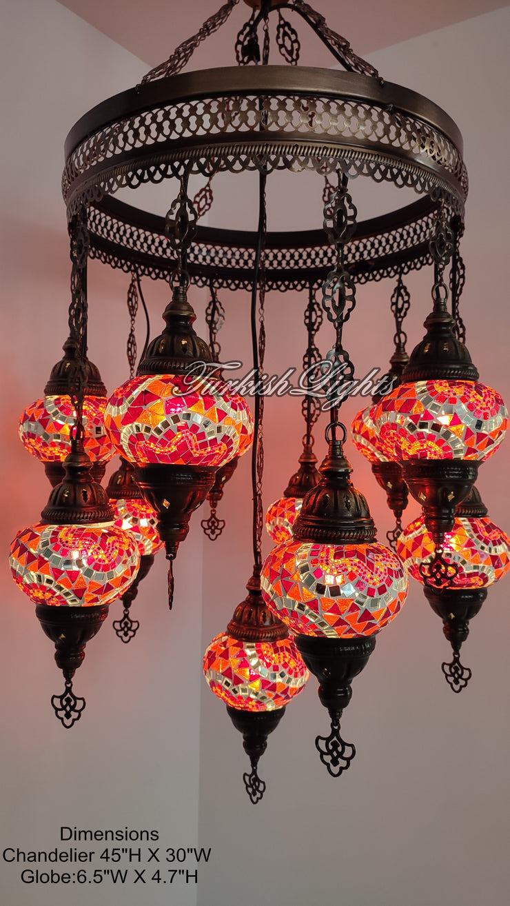 15-BALL TURKISH SULTAN MOSAIC CHANDELIER, MEDİUM GLOBES ID: S15-21