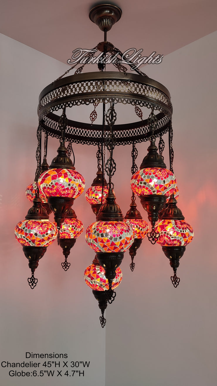 15-BALL TURKISH SULTAN MOSAIC CHANDELIER, MEDİUM GLOBES ID: S15-21